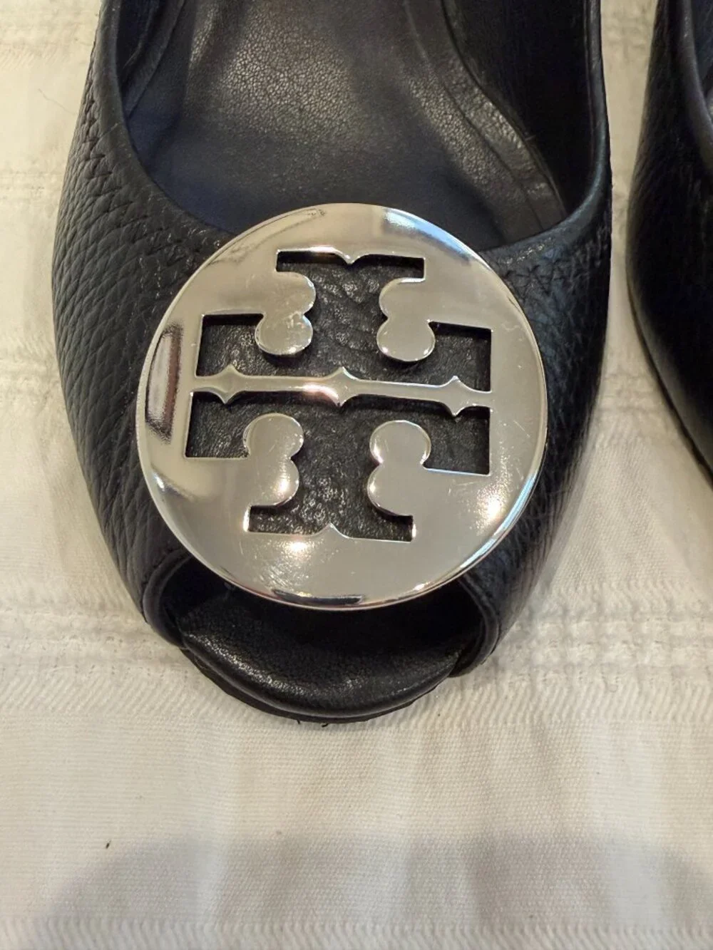 Tory Burch Sally Peep-Toe Leather Wedge Pumps Black Size 8M